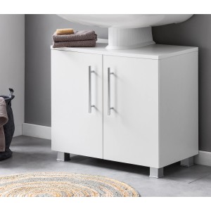 Weißer Badmobil Waschbeckenunterschrank (60 cm) mit zwei Türen und silbernen Griffen.