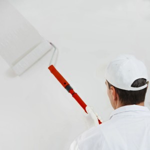 Mann streicht Wand mit Farbroller und Stegu Grundierung. Haftgrund für Innen & Außen, 5 l.
