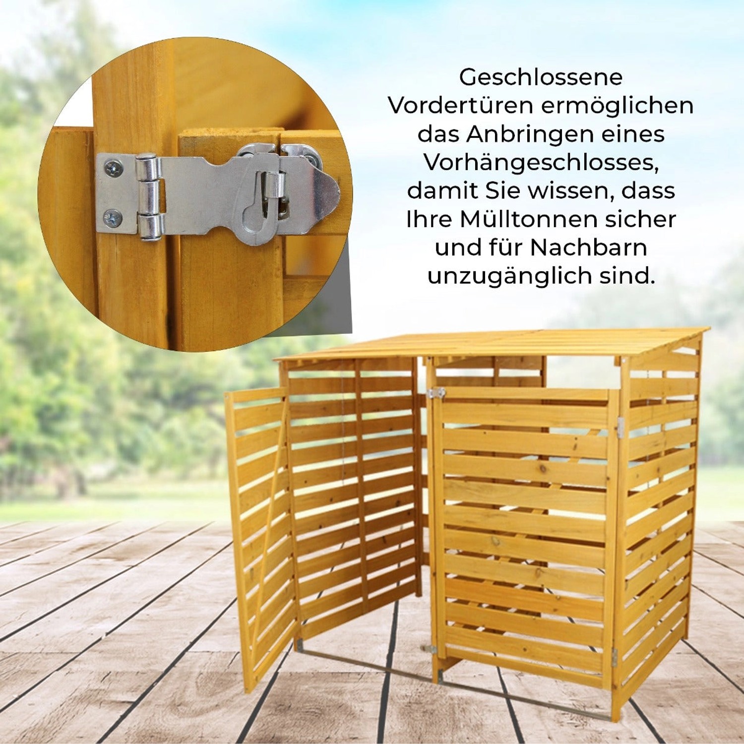 Mülltonnenbox aus Holz für 2 Tonnen, abschließbar, mit geöffneter Tür und Detailaufnahme Schloss.
