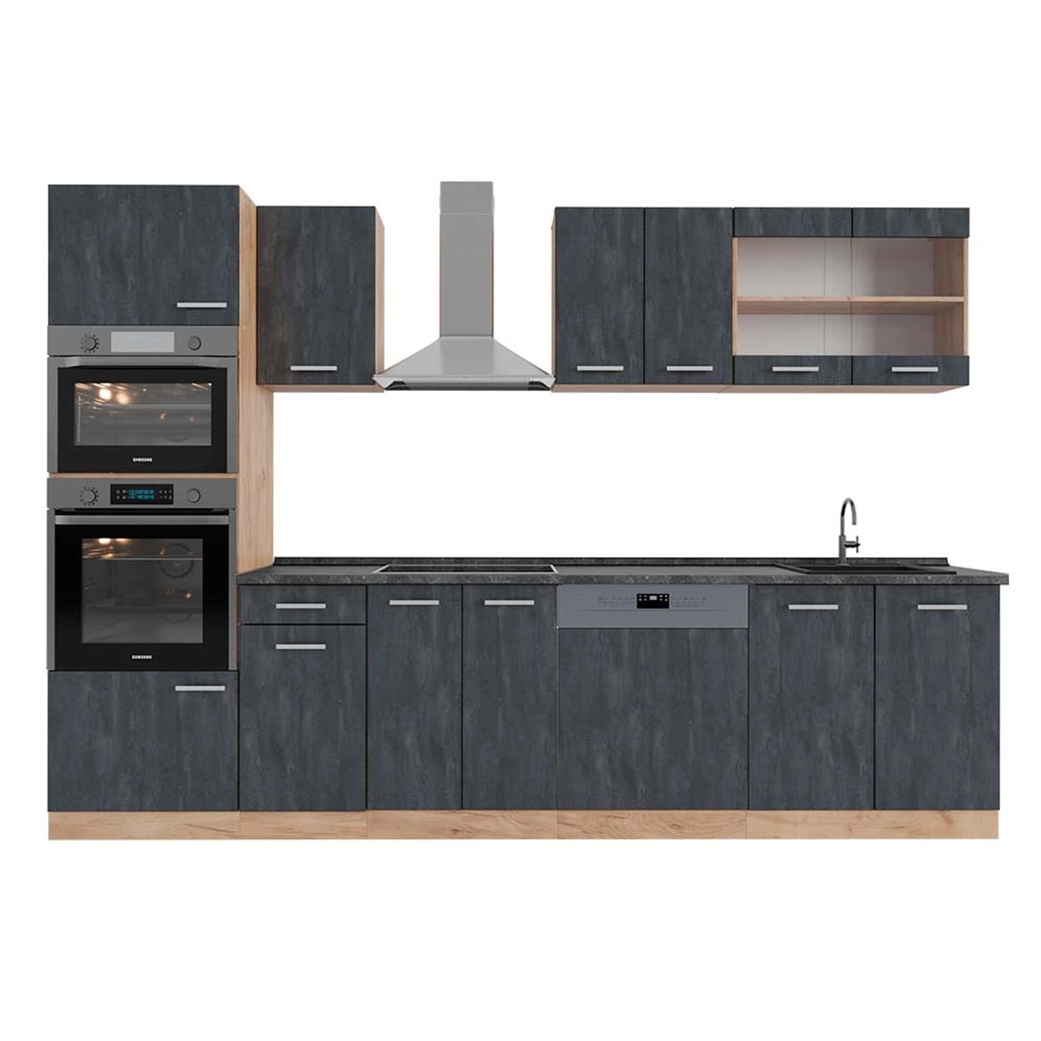 Vicco R-Line Komplettküche Schwarz Beton/Goldkraft Eiche 300 cm AP Anthrazi günstig online kaufen
