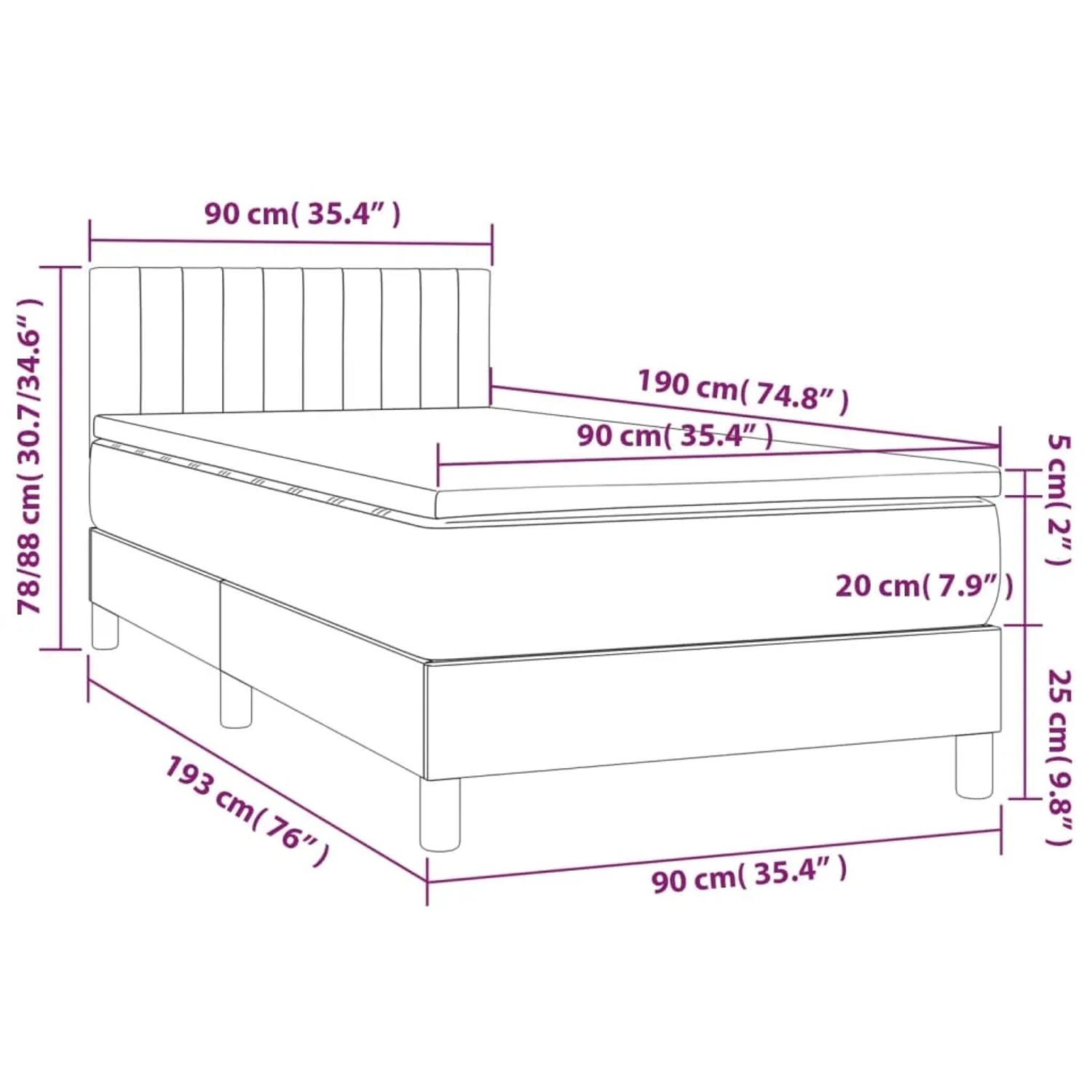 vidaXL Boxspringbett rosa (90x190 cm) mit Matratze und Kopfteil, Maßangaben.