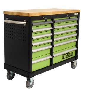 TRUTZHOLM Werkstattwagen DELUXE mit 12 Schubladen, unbestückt, Arbeitsplatte aus Holz, mobil.