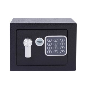 Schwarzer Yale Tresor Value Safe XS mit Zahlencode und Schlüsselschloss.