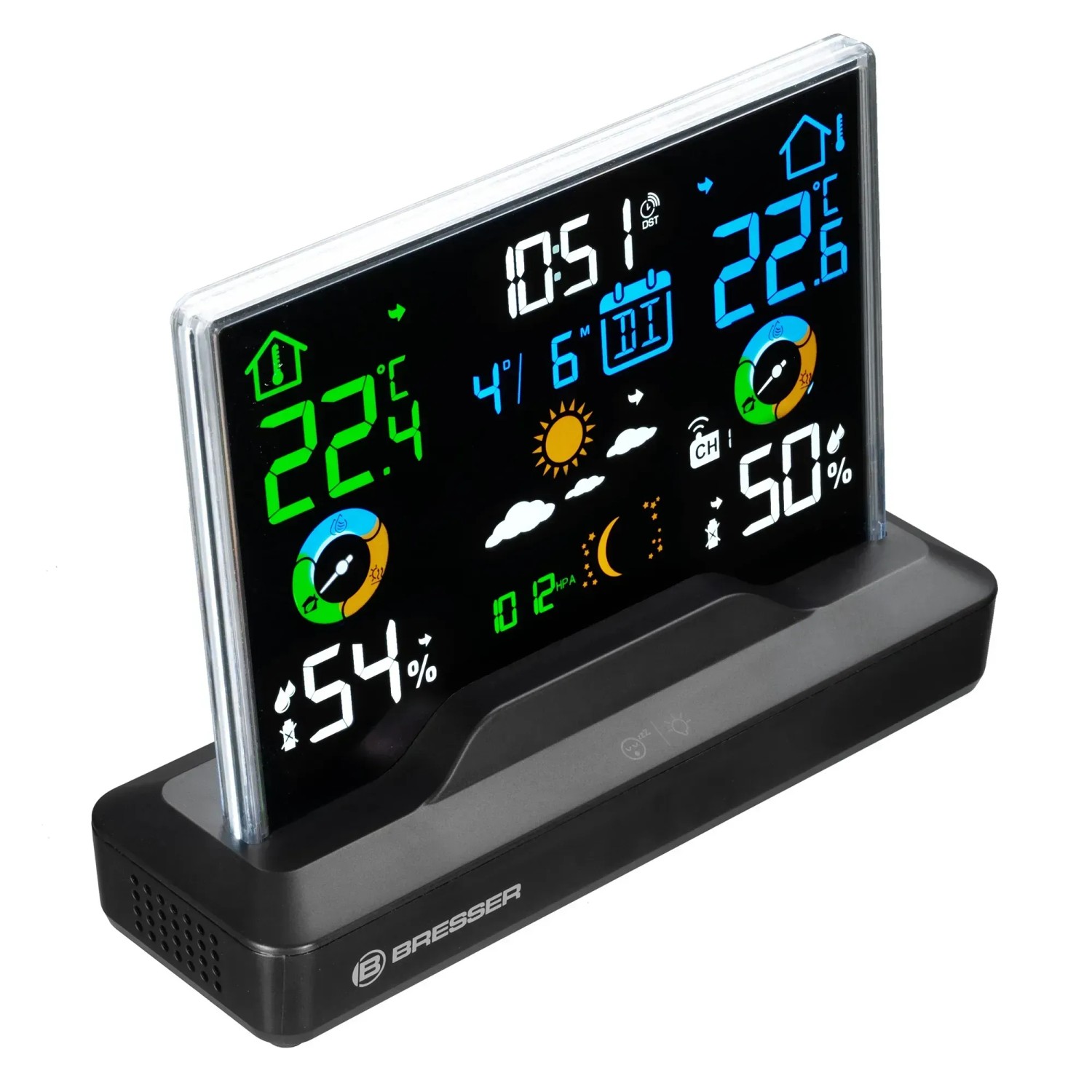Bresser Funk-Wetterstation mit rahmenlosem Farbdisplay, zeigt Temperatur, Luftfeuchtigkeit und Wettervorhersage.