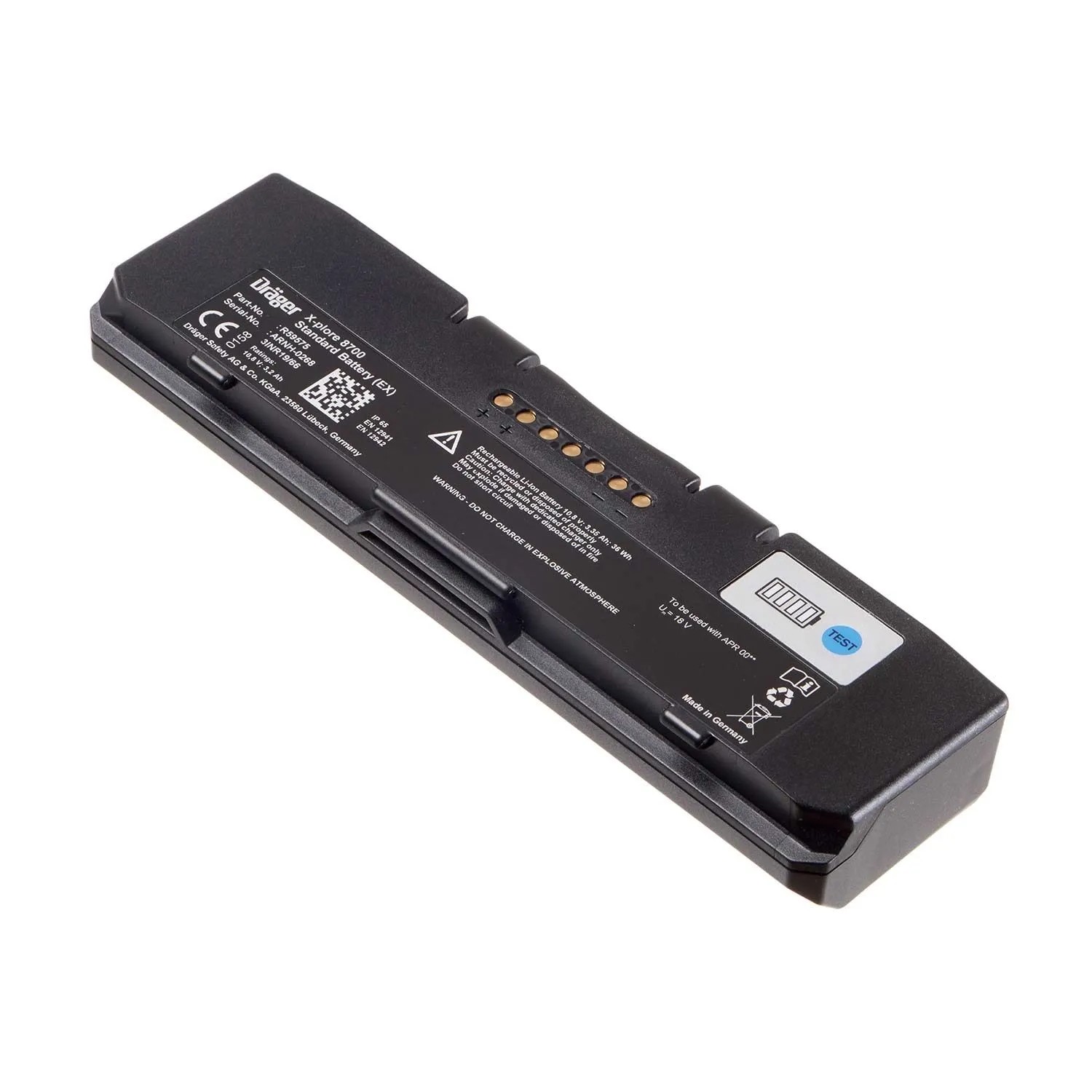 Schwarzer Dräger X-plore 8000 Standardakku, Lithium-Ionen, für Gebläsefiltergerät X-plore 8700. ATEX-konform.
