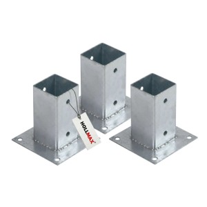 Drei HOLLMAX 71mm verzinkte Aufschraubhülsen/Pfostenträger, silber, für Vierkantpfosten auf festem Untergrund.
