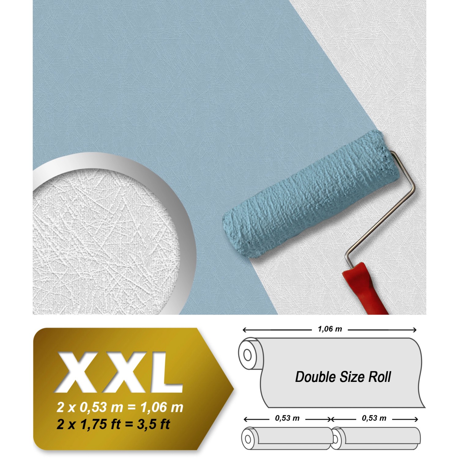 Weiße, matte XXL Vliestapete mit leichter Struktur zum Überstreichen. Inklusive Farbroller.