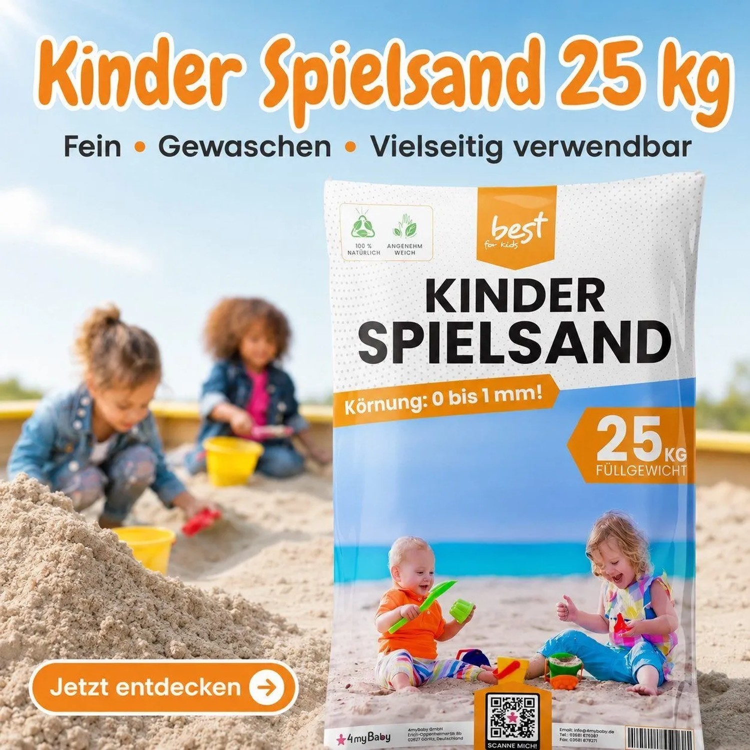 Sack best for kids Spielsand 25 kg, mit Kindern im Sandkasten. Feiner, gewaschener Quarzsand für Spiel & Spaß.