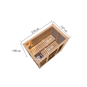 Karibu Sauna Vaira 3 mit Ganzglasfront, naturbelassen, Innenansicht mit Liegen und Maßen.