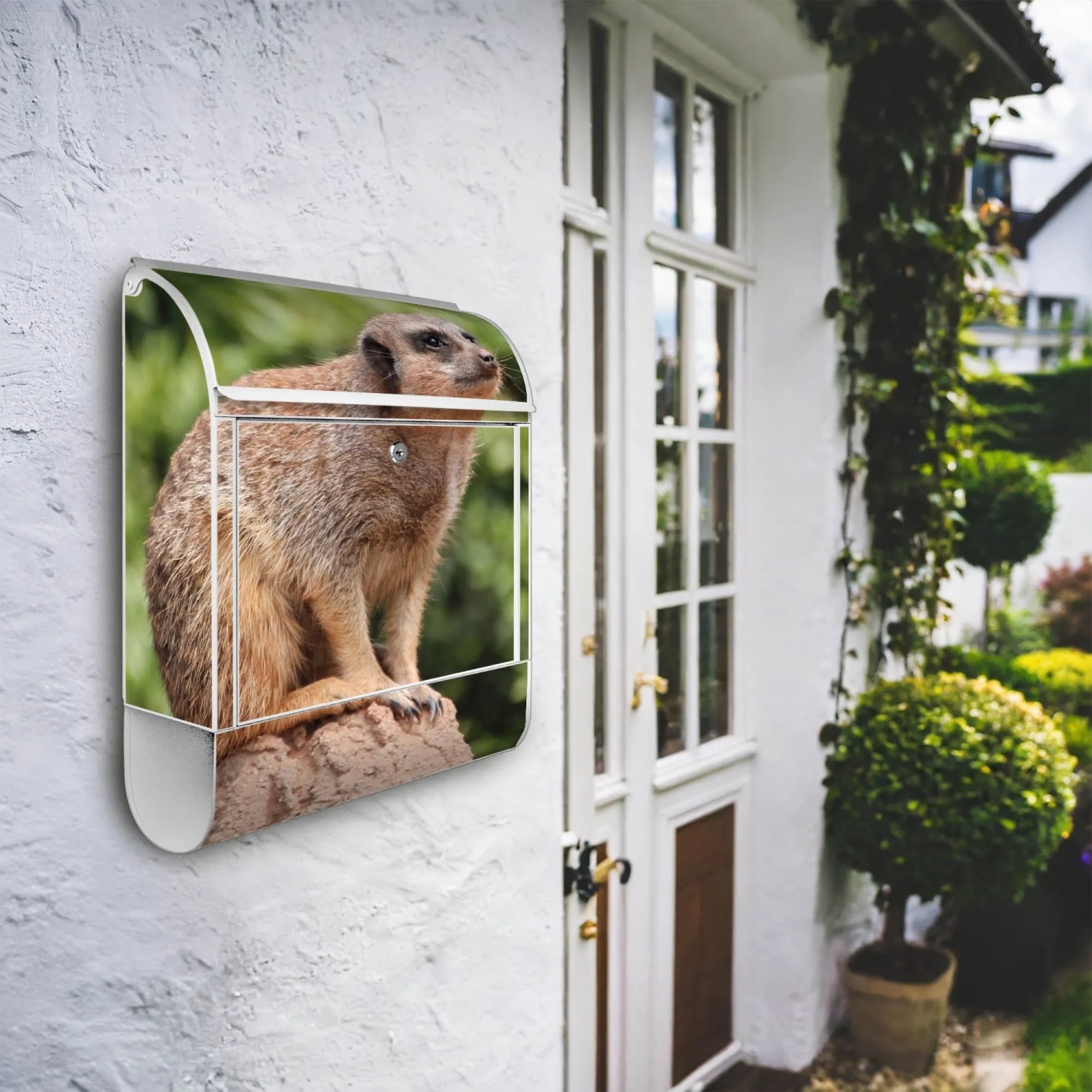 Weißer Briefkasten mit Erdmännchen-Motiv und Zeitungsfach. Design Briefkasten für Wandmontage.