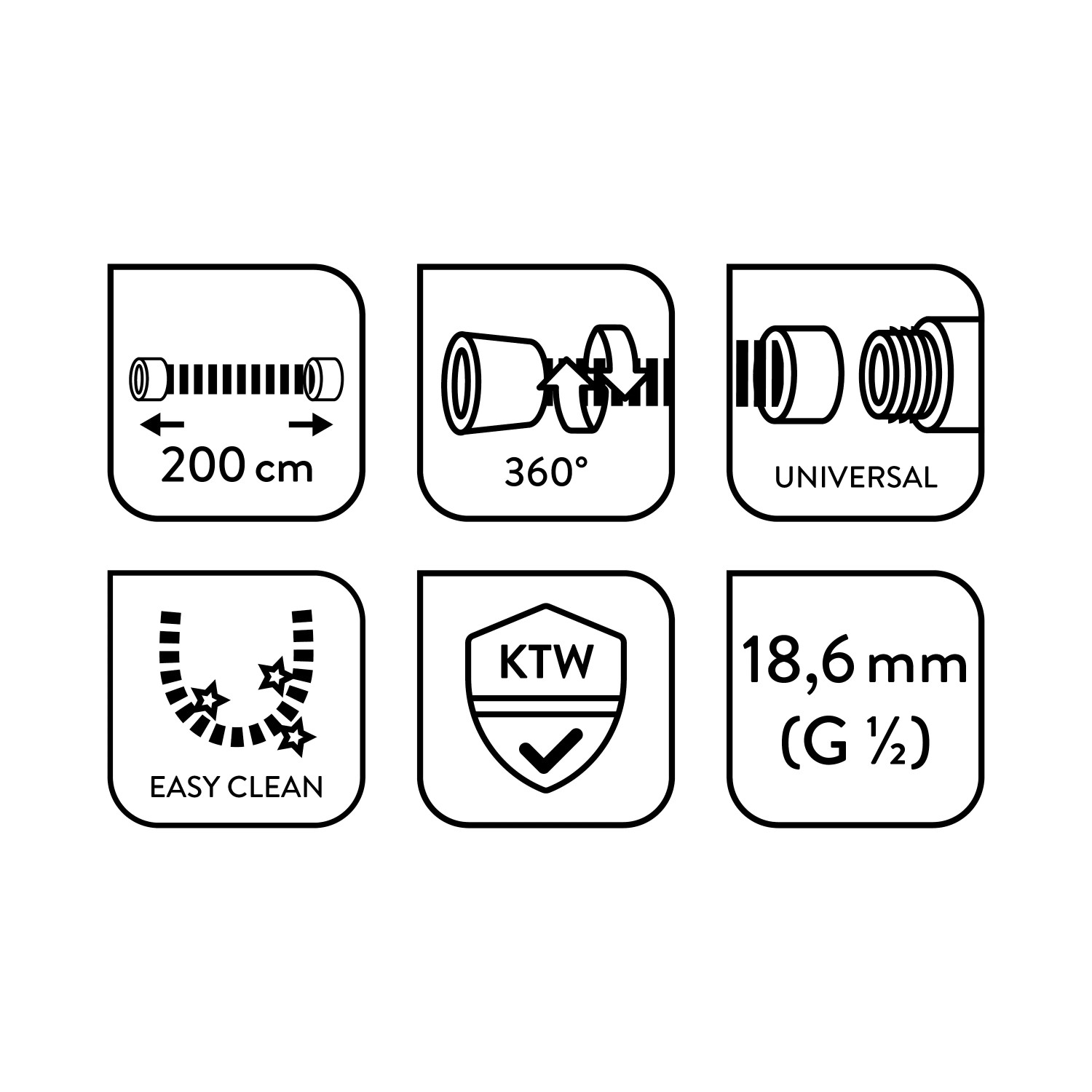 Piktogramme zu Länge, Drehschutz, Universalität, Easy-Clean, KTW und Anschlussgröße des Brauseschlauchs.