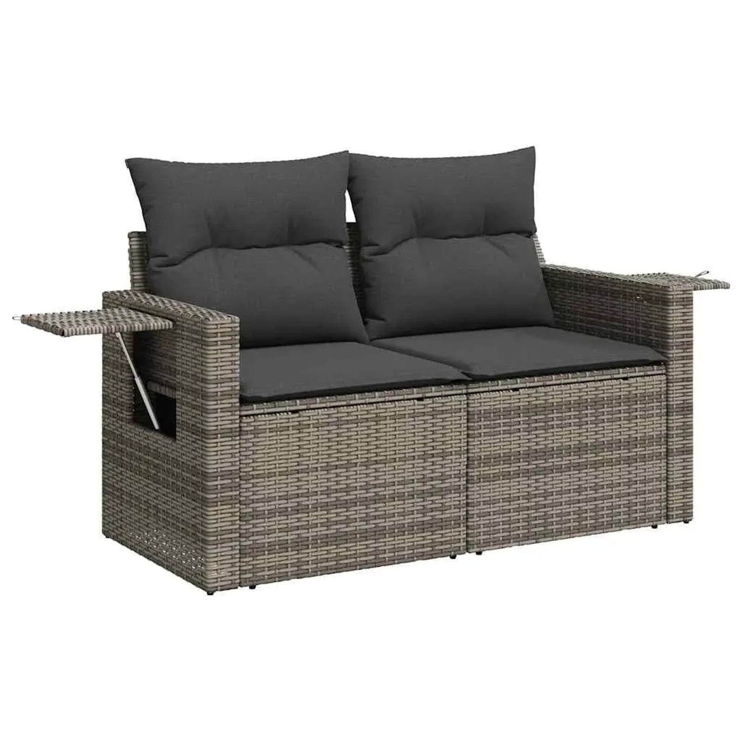 Graues vidaXL Garten-Sofa-Set aus Poly Rattan mit Stauraum und Tisch.