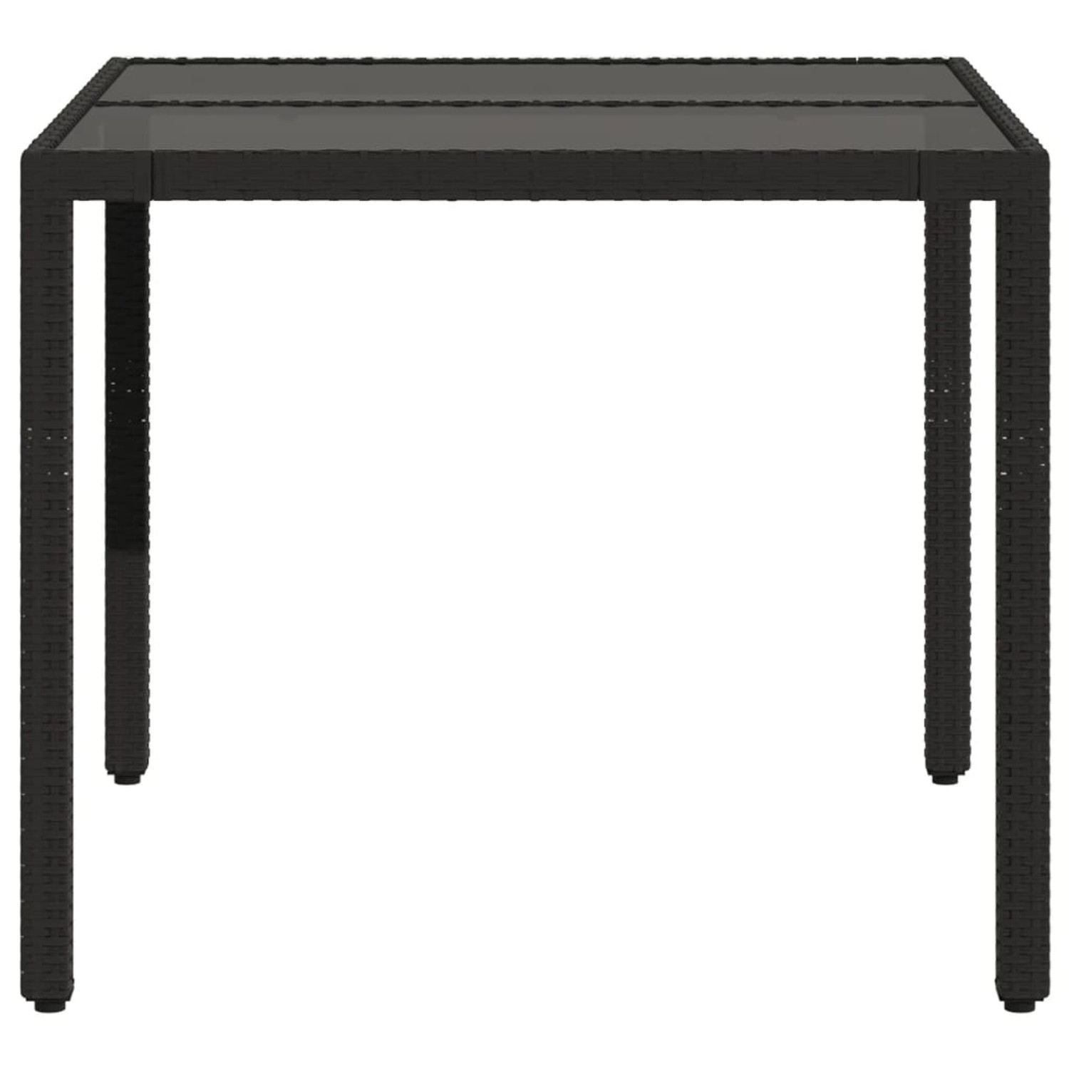 Schwarzer vidaXL Gartentisch mit Glasplatte, 90x90 cm, aus Poly Rattan.