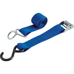 Blauer Kofferraumgurt mit Klemmschloss zur Sicherung der Heckklappe bei Überladung.