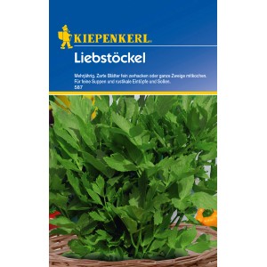 Kiepenkerl Maggikraut Liebstöckel Samenpackung mit frischen, grünen Liebstöckelblättern.