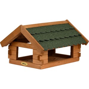 Dobar Blockhaus Vogelhaus aus braunem Kiefernholz mit grünem Bitumendach. Robustes Futterhaus, 38x31x23 cm.