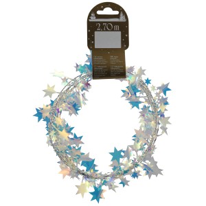 Irisierende, weiße Sterngirlande aus Kunststoff, 270 cm lang, für festliche Weihnachtsdekoration.