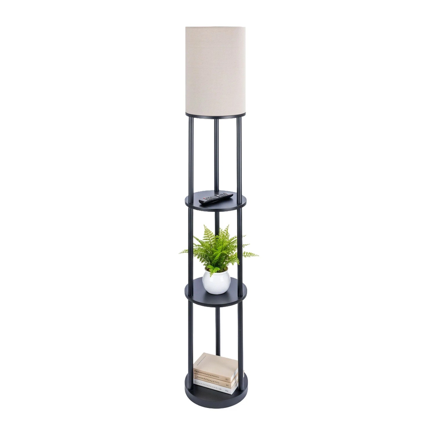 Relaxdays Stehlampe Holz Leinen Kunststoff Schwarz Weiß mit 3 Ablagen Rutschfest 180 cm x 30 cm 6 kg