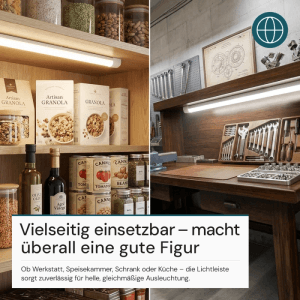 LUXULA LED Unterbauleuchte, 150cm, Weiß, montiert in Küche und Werkstatt.
