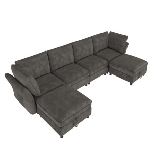 Großes graues U-förmiges Ecksofa aus Chenille mit 6 Sitzen und integriertem Stauraum-Hocker.