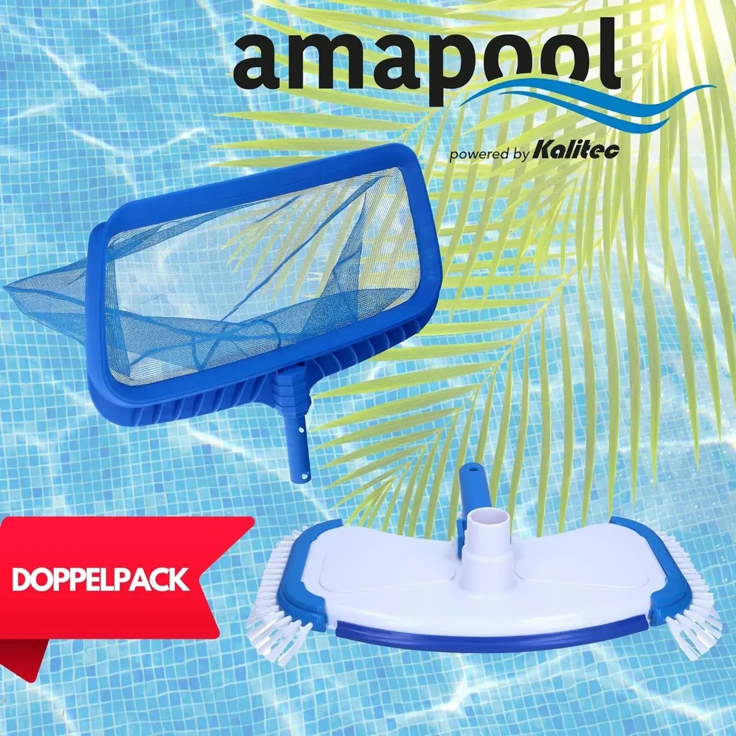 Amapool Pool Reinigungsset Deluxe, 2-teilig: Kescher und Bodensauger für die Poolreinigung.