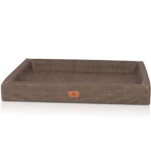 Knuffelwuff Hundebett Austin XXL, orthopädisches Hundekörbchen aus braunem Kunstleder.