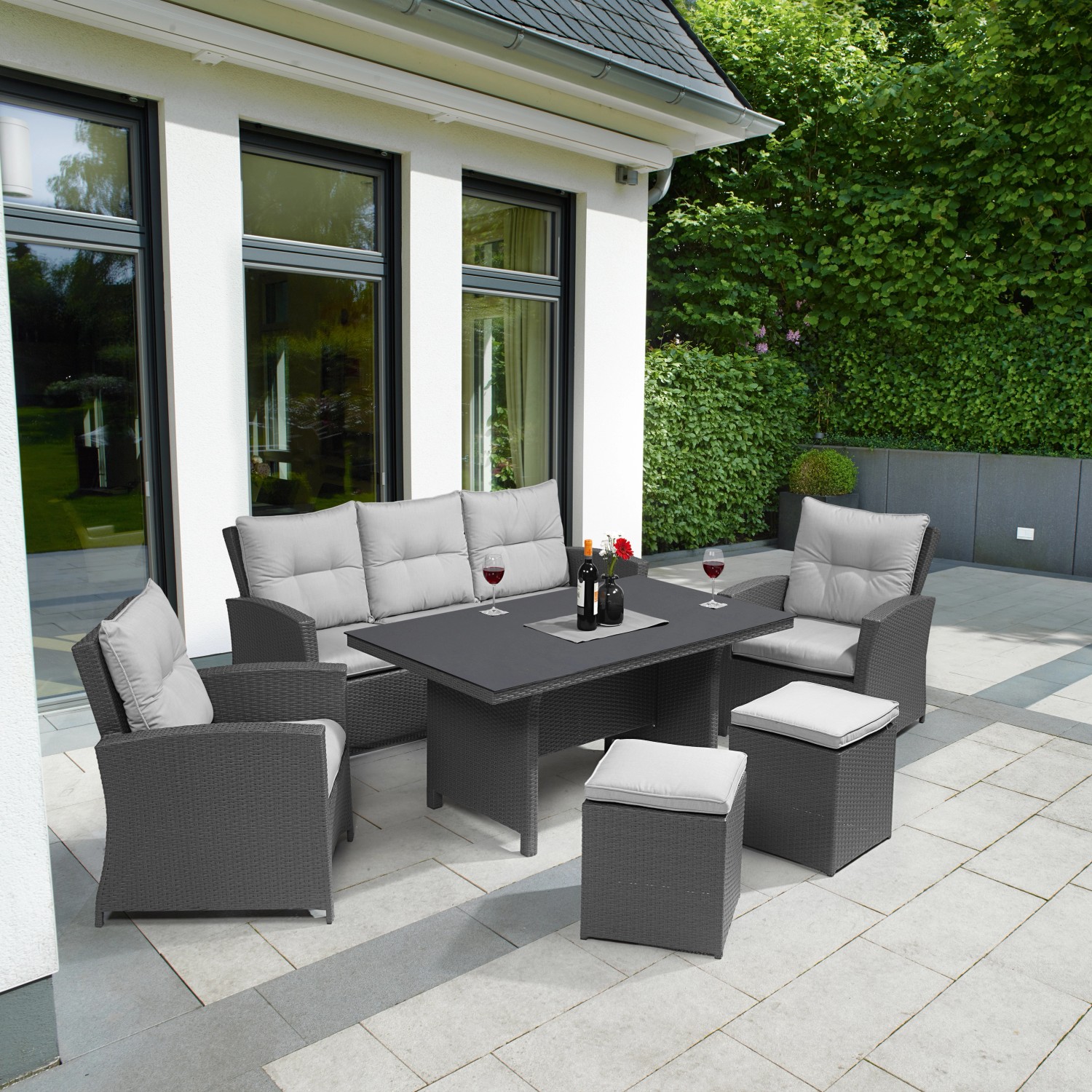 LoungeSet mit Esstisch Vermont 6teilig Polyrattan Deep Water Concrete
