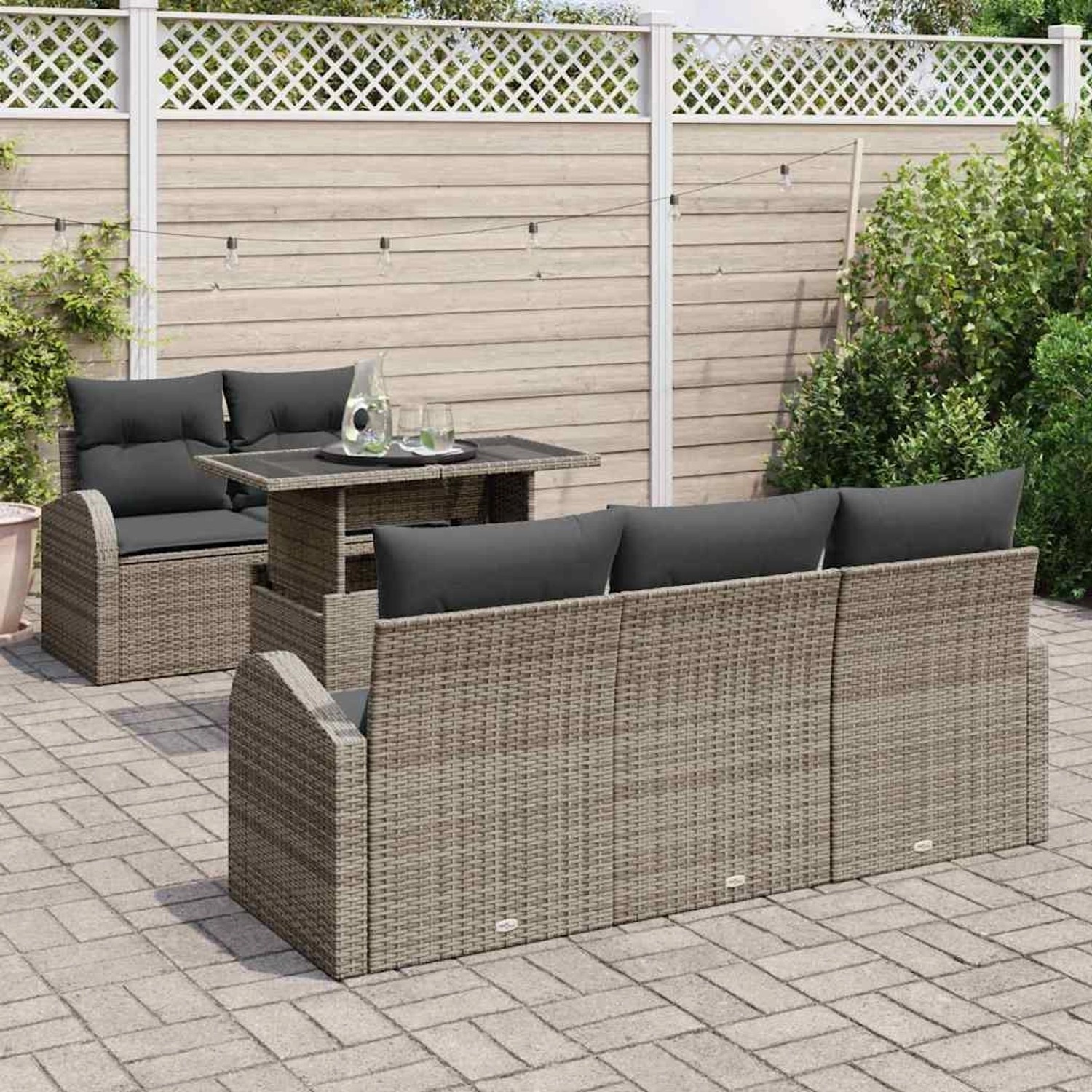 Graues 6-tlg. vidaXL Garten-Sofa-Set aus Poly Rattan mit Tisch und Kissen.