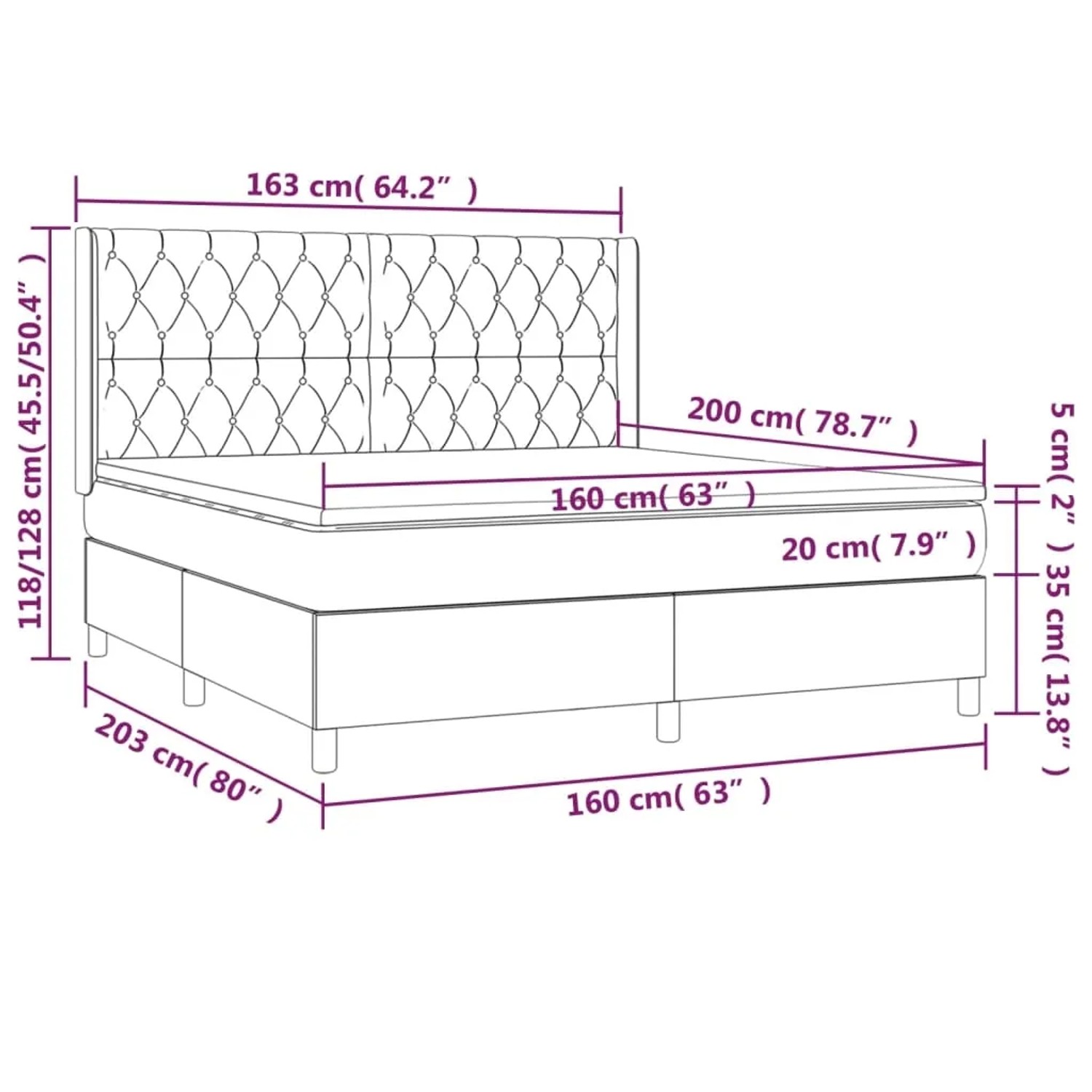 Dunkelbraunes Boxspringbett 160x200 cm mit Matratze und gestepptem Kopfteil.