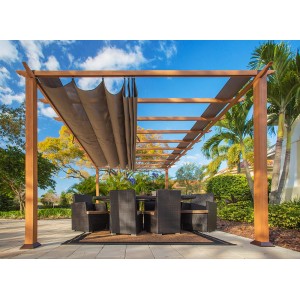 Pavillon Pergola Gazebo Florenz Wood mit Sonnensegel und Sitzgruppe im Garten.