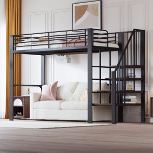 Schwarzes Metall-Hochbett 90x200cm mit integrierter Treppe und Stauraum. Ideal für Schlafzimmer, Kinder und Erwachsene.