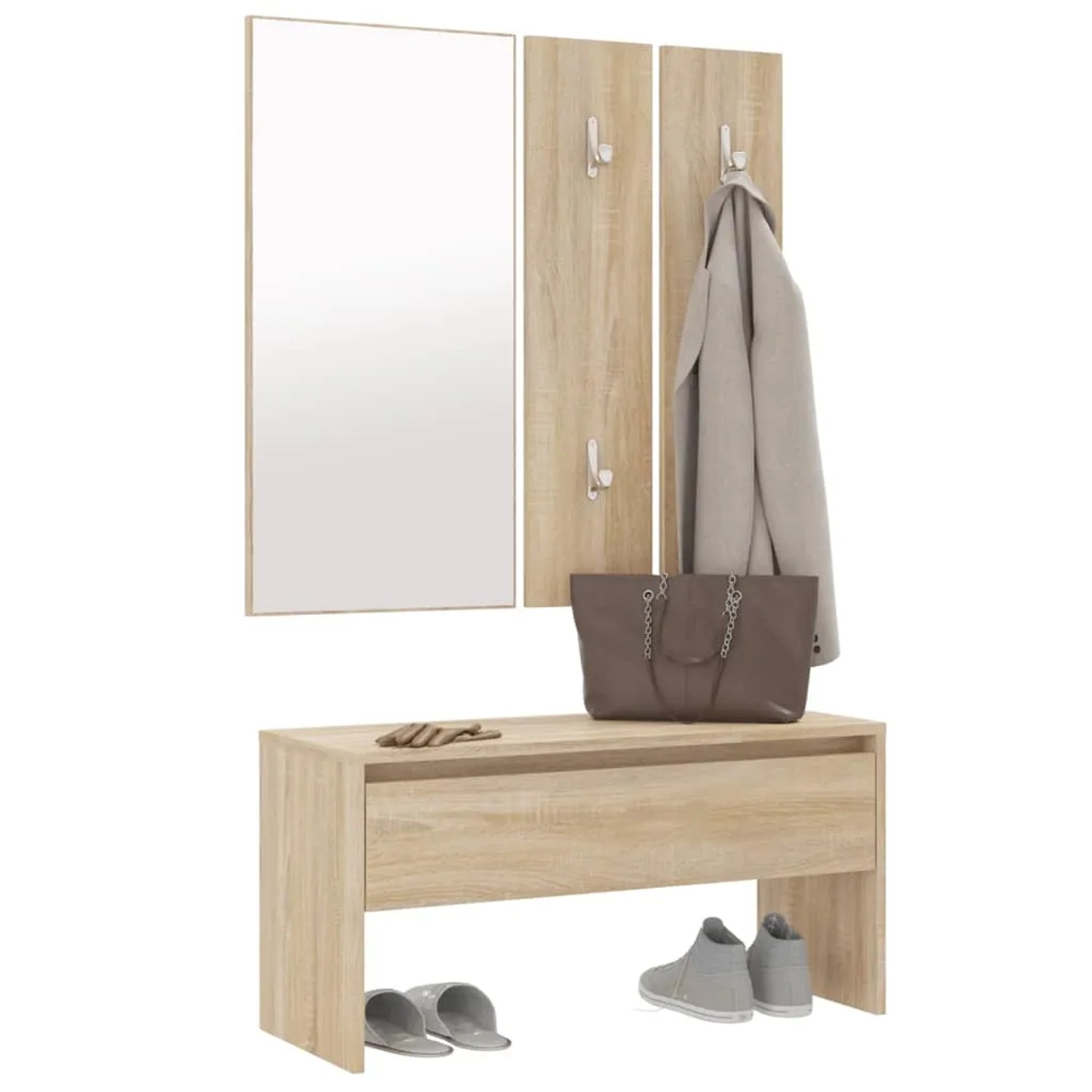 vidaXL Flurmöbel-Set in Sonoma-Eiche mit Bank, Spiegel und Garderobe.