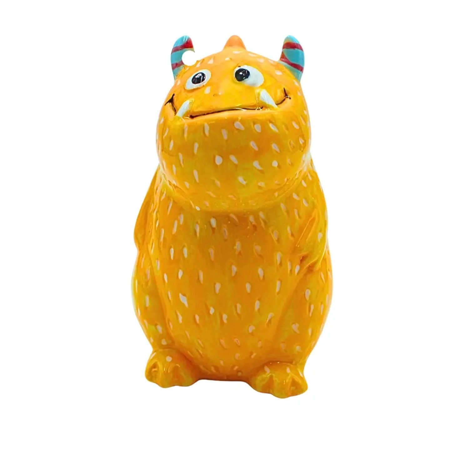 Gelbe Keramik-Monsterspardose mit weißen Punkten, freundlichem Gesicht und bunten Hörnern. Ideal als Kindersparschwein.