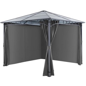 Grauer Tectake Gartenpavillon mit Aluminiumgestell, Polycarbonatdach und flexiblen Seitenteilen. Wetterfest & UV-beständig.