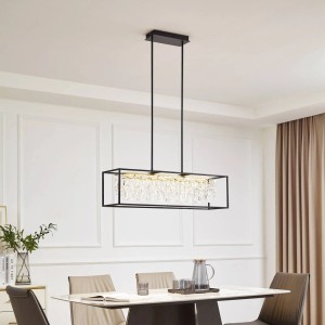 Dimmbare LED-Hängeleuchte Kassi in Schwarz mit Kristallbehang für Wohnzimmer.