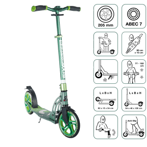 Grüner Six Degrees Aluminium Scooter mit 205 mm Rollen, höhenverstellbar und mit Ständer.