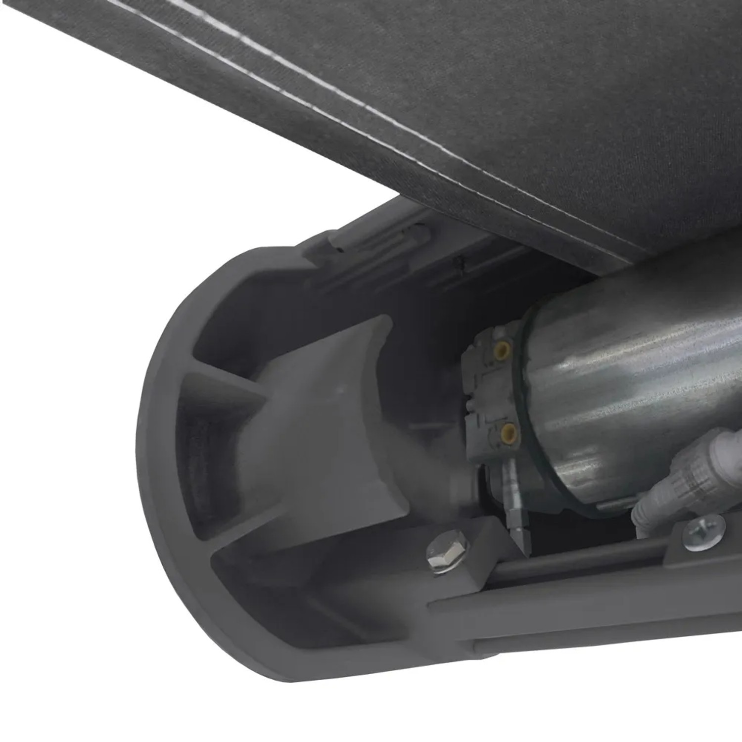 Detailaufnahme: Home Deluxe LED Vollkassettenmarkise ELOS, anthrazit, mit Motor und Kassette.