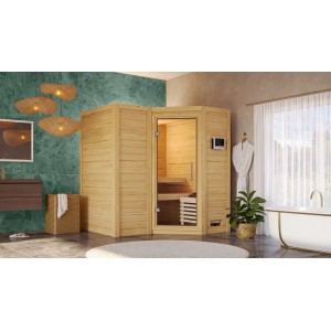 Woodfeeling Sauna Steena 1 mit Ofen und Glastür, integrierte Steuerung. Massivholzsauna für entspannende Momente.