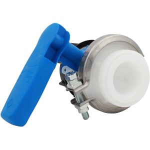 IBC Schiebehahn DN50: Hahn mit blauem Griff und Spannschelle für Regentonnen.