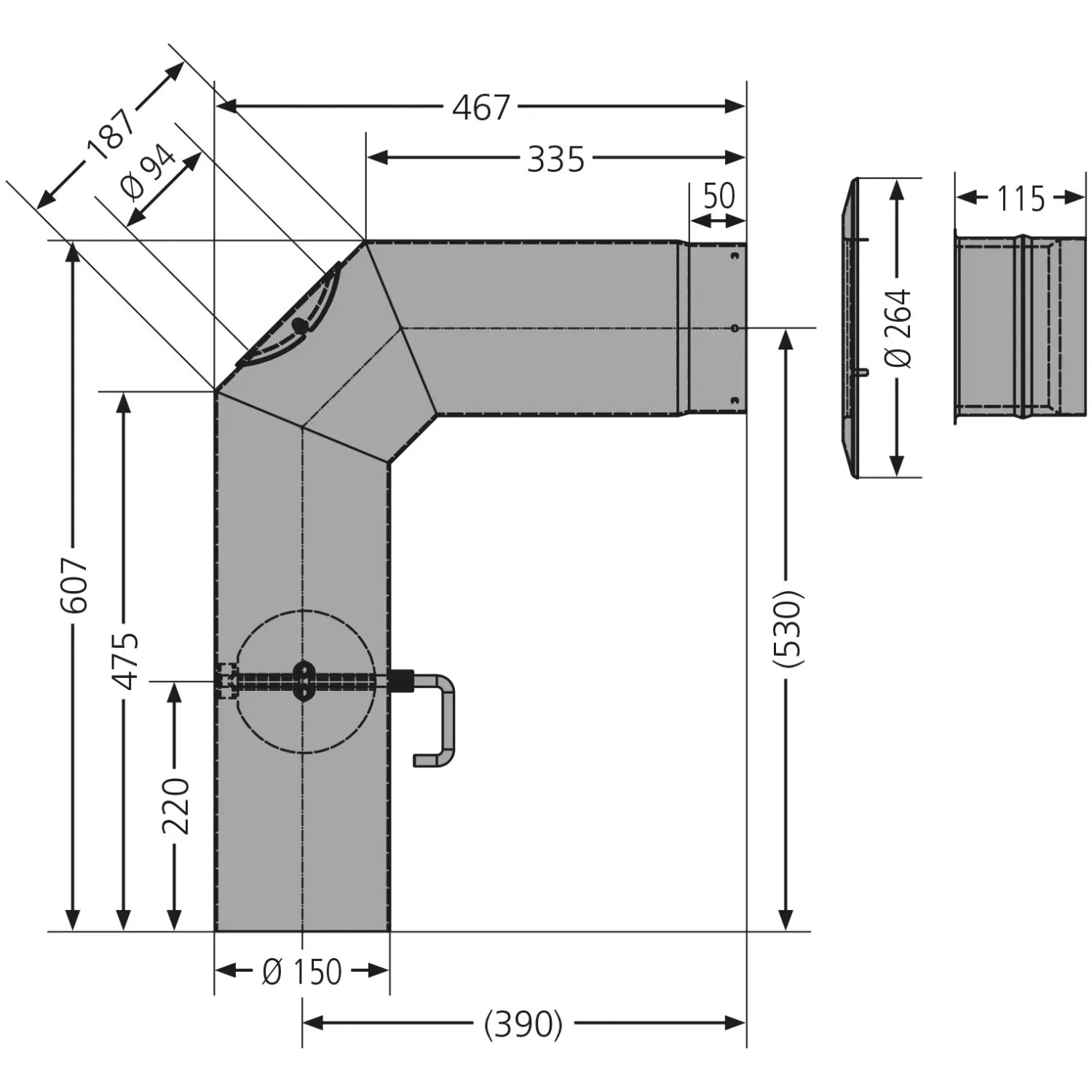 Justus Rohr-Set Standard Ø 150 mm, gussgrau, mit Maßen und Drosselklappe für Kamin & Ofen.