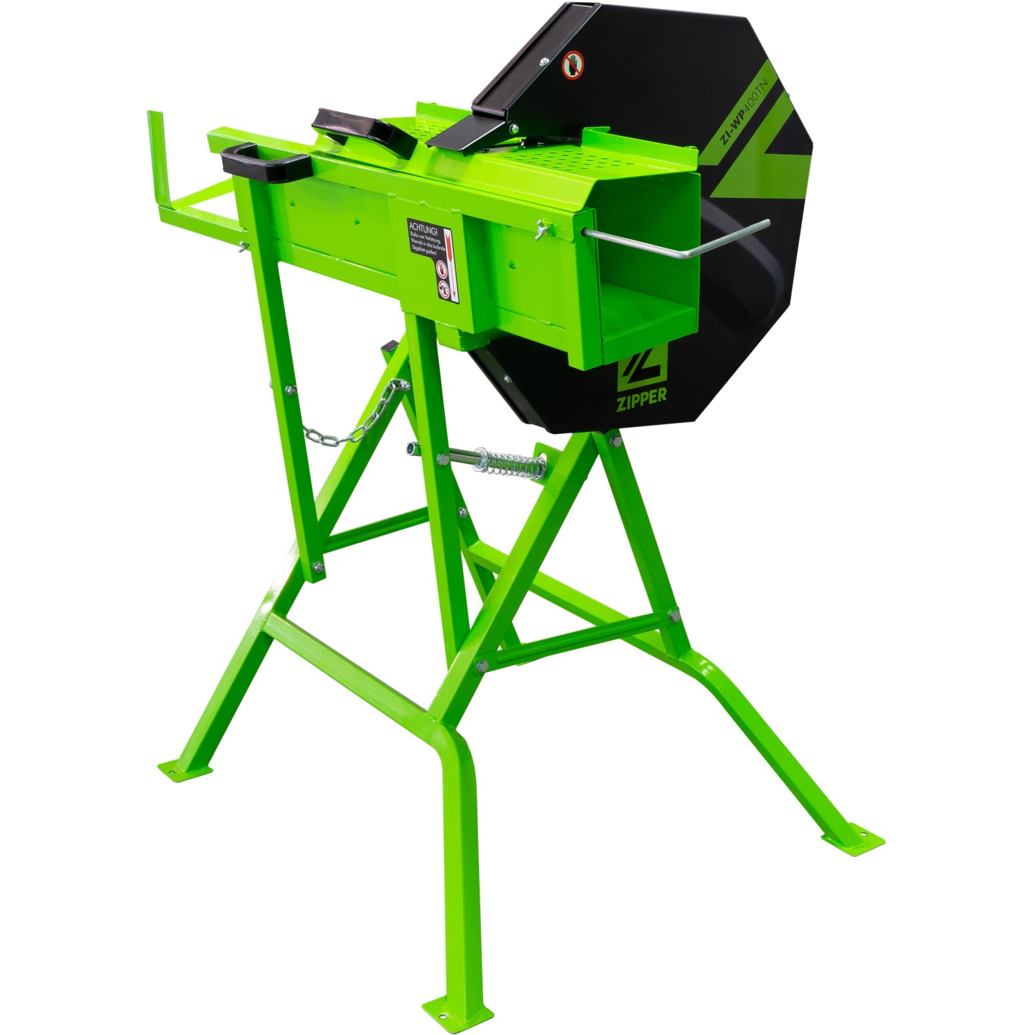 Zipper Wippsäge ZI-WP400TN: Robuste, grüne Wippkreissäge mit schwarzem Sägeblattschutz.