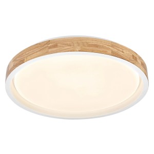 Runde Osram LED-Deckenleuchte Orbis Mariano mit Holz-Ring und weißem Metallrahmen. Dimmbar für Wohnzimmer.