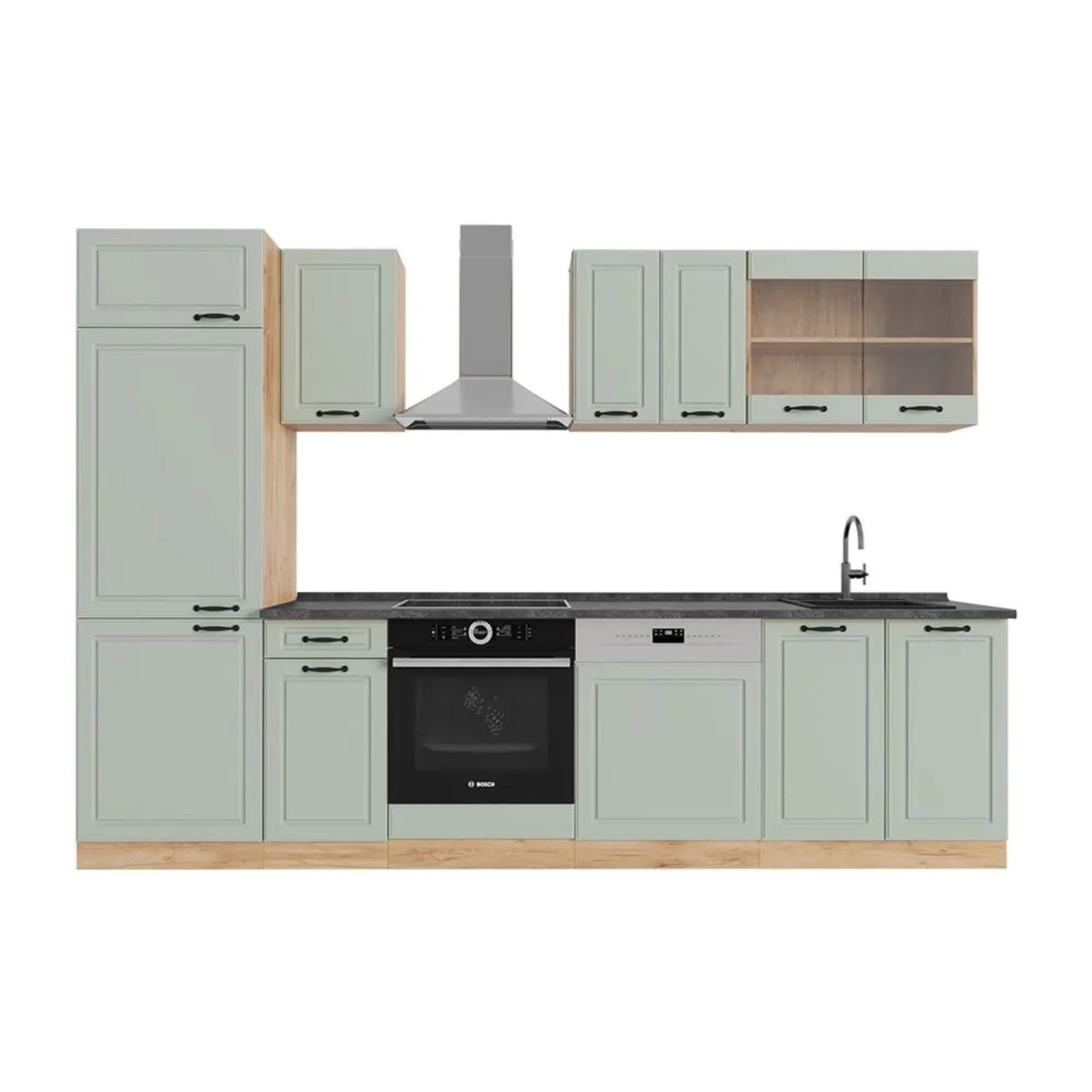 Vicco Küchenzeile R-Line Mint Landhaus/Goldkraft Eiche 300 x 207 ohne Arbeitsplatte Art Nr 70877