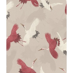 Rasch Vliestapete Barbara Home Coll. III 560657 mit Kranichmuster in Beige, Rot und Weiß.