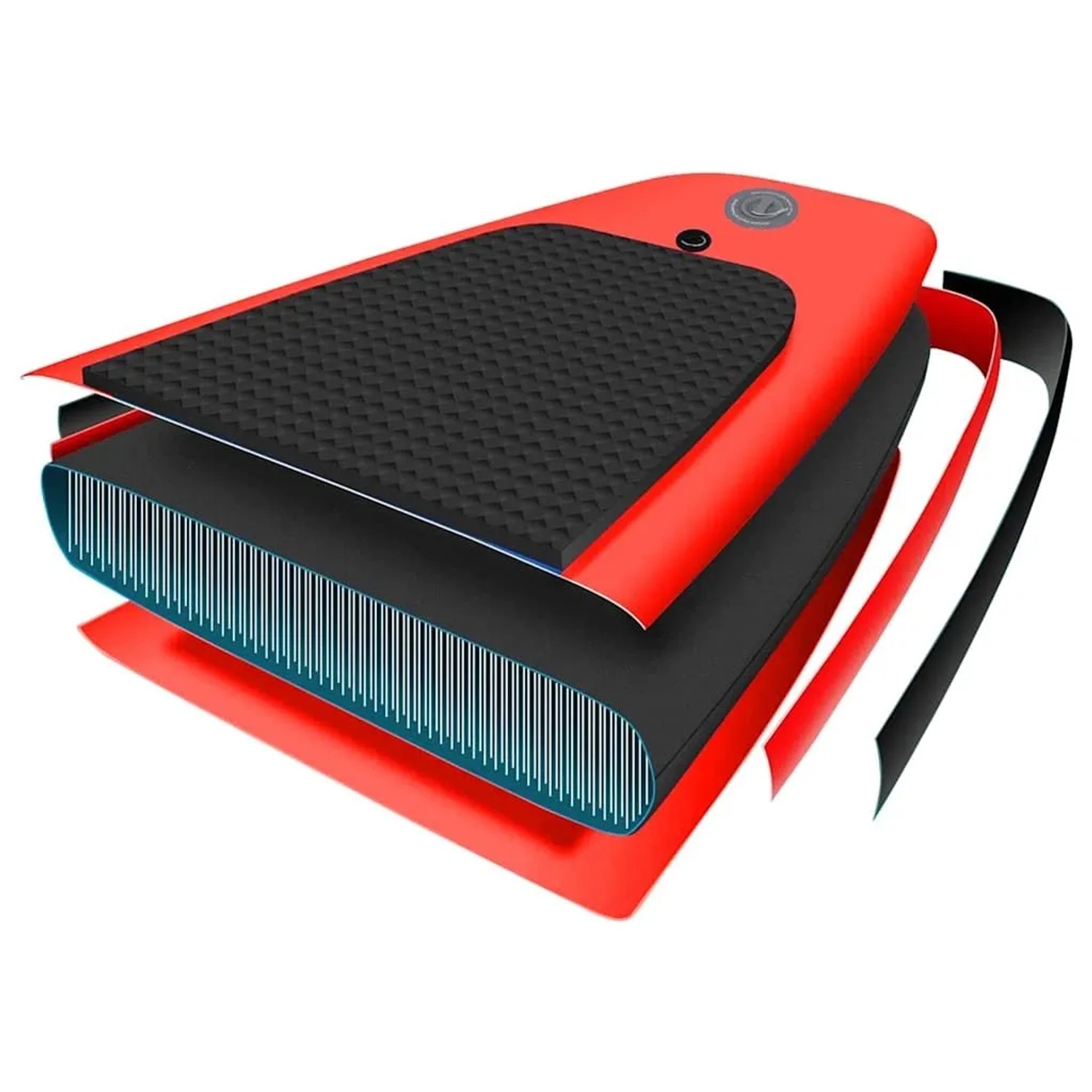 Rotes aufblasbares SUP-Board im Querschnitt. Zeigt die mehrschichtige PVC-Konstruktion und innere Faserstruktur.