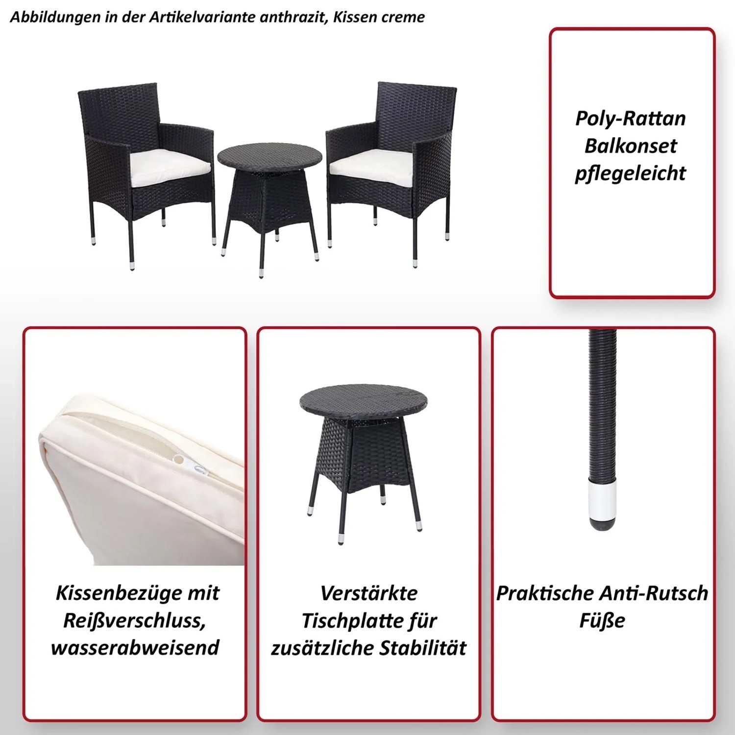 MCW PolyRattan Balkonset G27 3teilig Anthrazit Kissen Creme kaufen