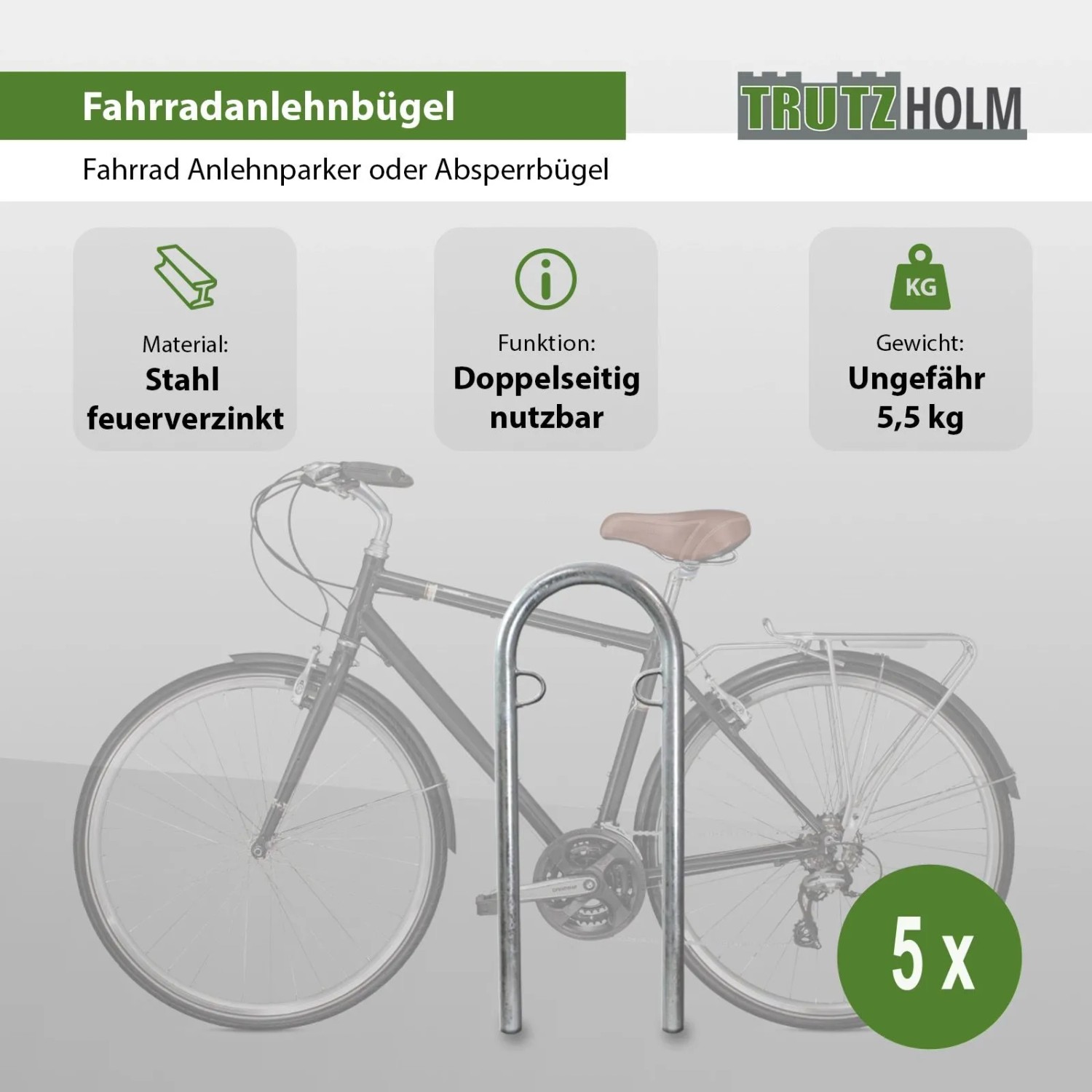 TRUTZHOLM 5x Fahrradanlehnbügel  111,5 x 40 cm Stahl Feuerverzinkt Ø 49 mm Typ U