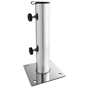 Glänzendes Edelstahl Schirmrohr mit quadratischer Grundplatte und Feststellschrauben für Sonnenschirmständer.