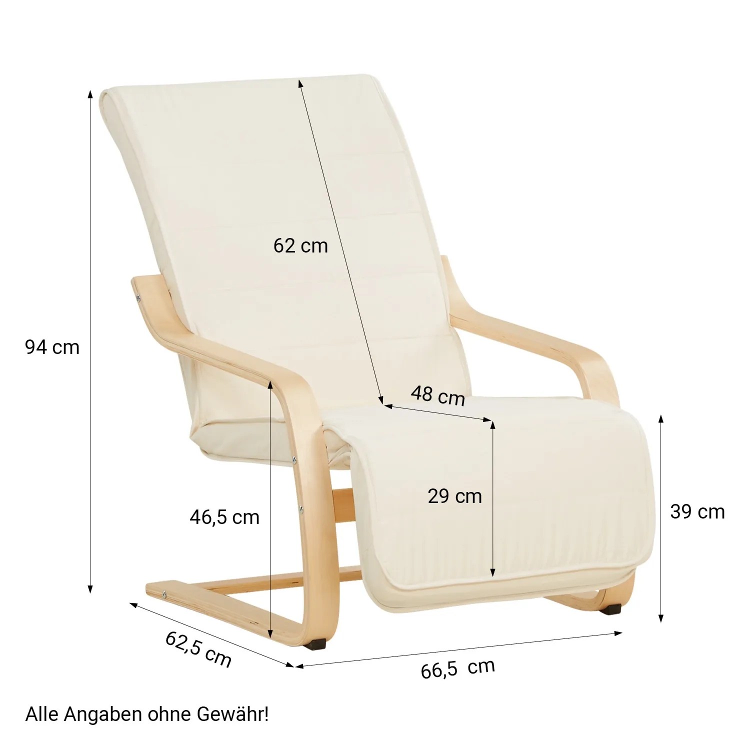 Homestyle4u Relaxsessel Beige mit Fußstütze, Maße eingezeichnet.
