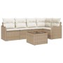 Beiges 6-tlg. vidaXL Garten-Sofa-Set aus Poly Rattan mit Kissen und Tisch.